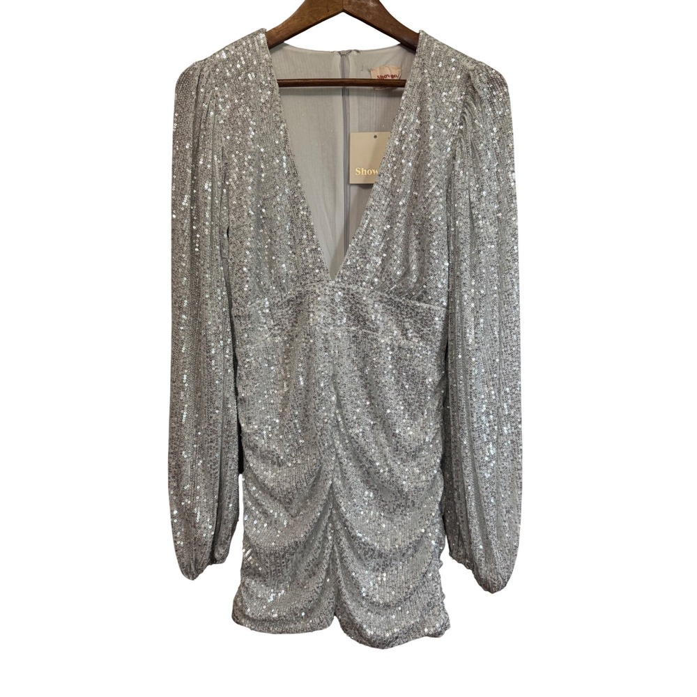 Showpo Rhylee Mini Dress Womens 8‎ Silver NEW Sequin Ruched Long Sleeve V-Neck